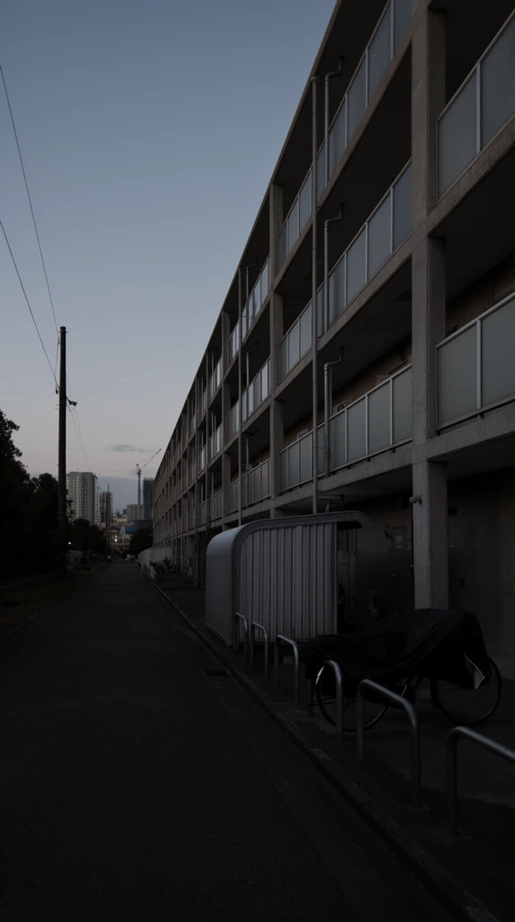 A multi-story concrete residential building flanks a quiet, paved path under a pale twilight sky. The utilitarian structure dominates the right side of the composition, featuring long exterior walkways enclosed by frosted glass panels, segmented by vertical concrete pillars and exposed metal drainpipes. Along the dimly lit ground level, a corrugated metal bicycle shelter sits near bikes draped in a heavy black tarp, bordered by low, U-shaped metal bollards. A tall utility pole stands on the left, its thin overhead wires cutting across the gradient blue and gray sky. The vanishing point draws the eye down the street toward distant silhouettes of urban high-rises, a construction crane, and dark trees lining the left edge. The muted, low-exposure photographic composition utilizes deep foreground shadows and a wide-angle perspective to emphasize stark, converging diagonal lines, capturing a moody architectural stillness.