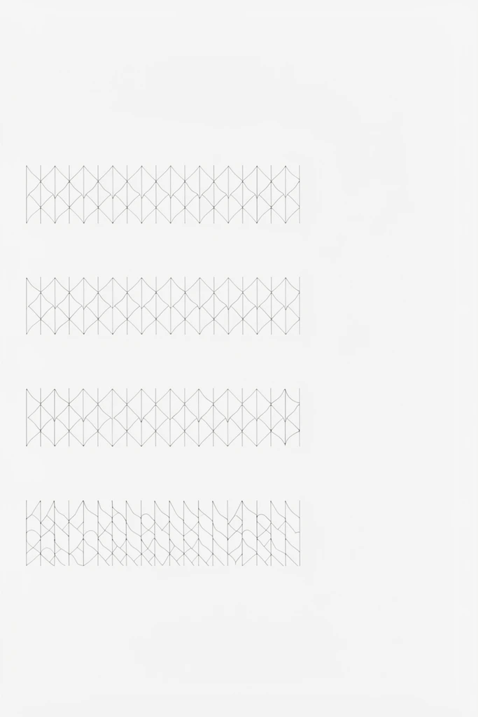 A stark minimalist graphic composition with an expansive flat off-white background. Four evenly spaced horizontal rows of delicate ultra-thin black geometric line patterns span the left and center utilizing vast negative space for a precise clinical aesthetic.