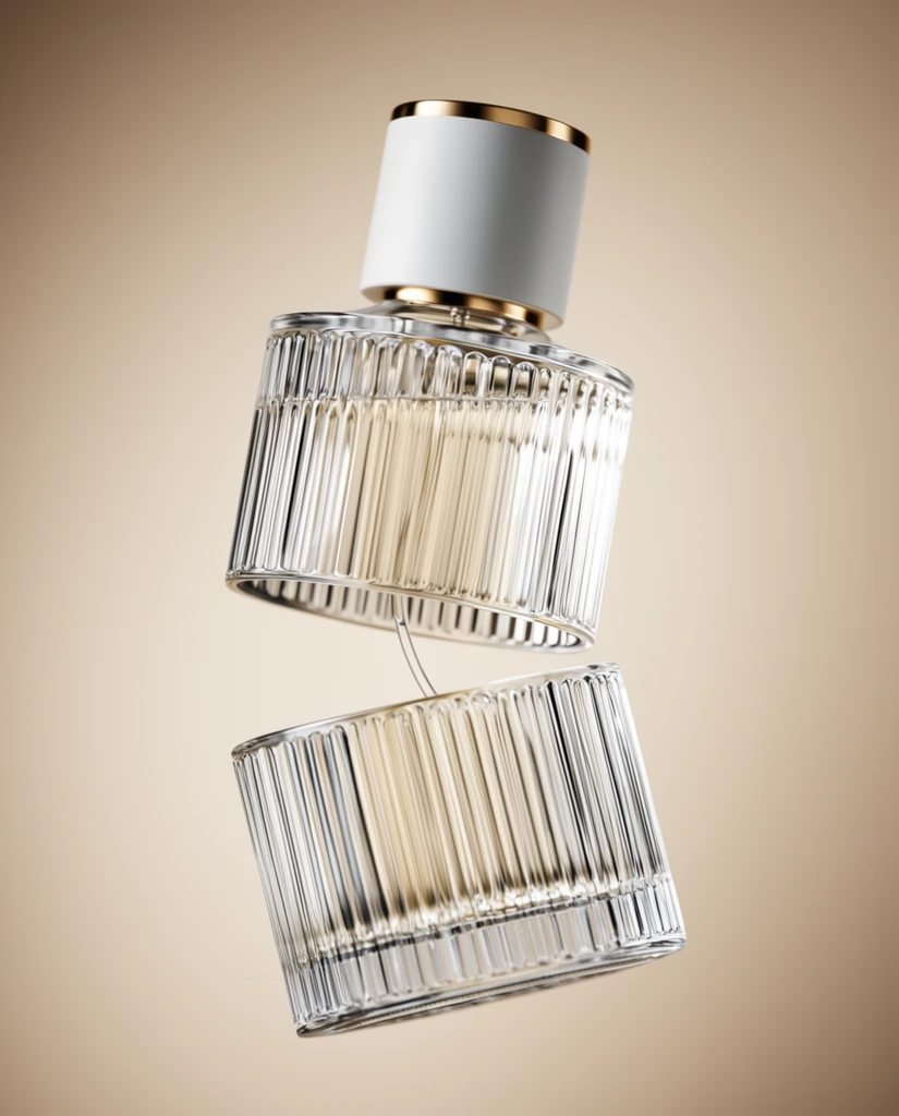deconstructed levitating perfume bottle, matte white cylindrical cap with metallic gold rim, clear heavily fluted glass body split into two floating halves, thin transparent dip tube connecting the upper and lower sections, smooth warm beige gradient background, high-end product photography, anti-gravity composition, soft diffused studio lighting, sharp highlights on ribbed glass, minimalist aesthetic