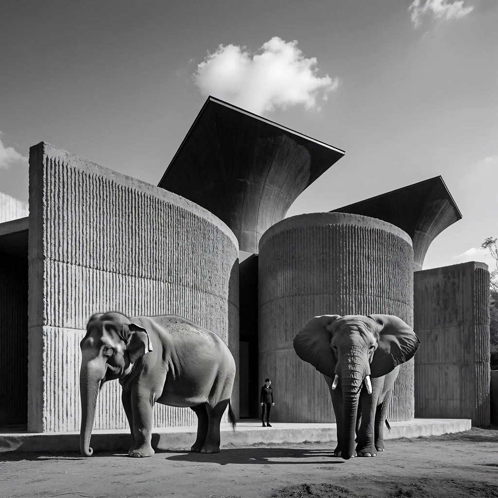 Two large elephants stand in an outdoor enclosure in front of the monumental, textured concrete walls of a modern architectural structure. On the left, an Asian elephant is captured in profile, its head turned slightly toward the viewer, displaying its rounded back, wrinkled skin, and small ears. To the right, an African elephant stands facing forward with its large ears fanned out and tusks visible. Between the two animals, a small human figure dressed in dark clothing stands at the base of the building, emphasizing the massive scale of both the elephants and the architecture. The building behind them consists of thick, vertical-ribbed concrete walls that form a series of curved, semi-cylindrical shapes. Rising from behind these walls are dark, angular, funnel-like roof structures that point toward the sky. The ground in the foreground is composed of flat, dry earth with a low concrete curb running along the base of the building. The scene is set under a clear sky with a few scattered white clouds, one of which is positioned directly above the central roof structure. This black and white photograph utilizes a low-angle perspective and strong side-lighting, which creates deep shadows and highlights the coarse, vertical grooves of the concrete and the rough texture of the elephants' skin.