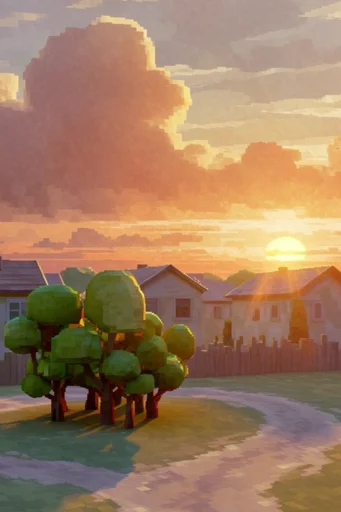 Retro Voxel Sunset style reference image — low-poly 3D