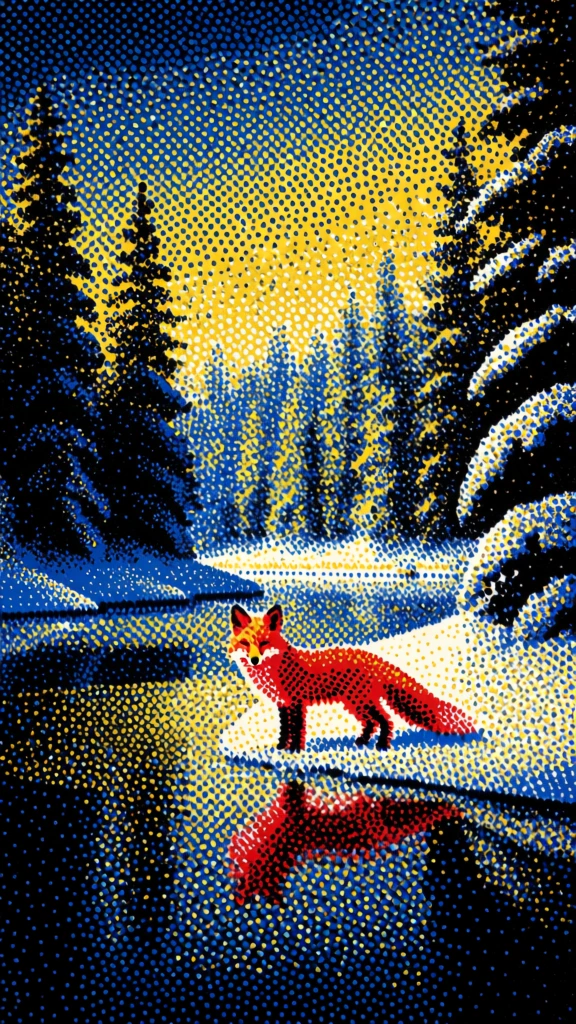lo-fi dithered pixel art aesthetic, high-contrast composition of a fox standing on a frozen lake surrounded by snow-covered pine trees, coarse halftone-like texture using a limited color palette, optical mixing of vibrant red, yellow, and blue dots to create gradients, vintage 8-bit graphics style, sharp stippled patterns, grainy cross-hatched details, reminiscent of early bitmap digital art, deep black shadows, bright white highlights, minimalist color depth, digital stippling.