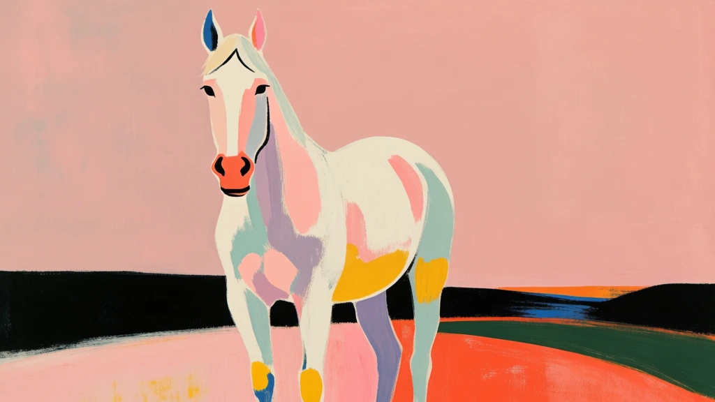 A stylized painted horse stands alone in a dreamlike landscape, rendered with bold color fields and loose, expressive brushwork that make the scene feel both playful and slightly surreal. Acrylic or gouache-like digital painting, contemporary expressionist animal portrait, semi-abstract figurative art, painterly, gestural, flattened perspective, minimalist background, high color blocking, whimsical, modern, vibrant yet calm, medium visual complexity, visually adjacent to David Hockney, Alex Katz, Matisse, Milton Avery, folk-modern hybrid, pastel pink, white, coral, teal, cobalt blue, black, forest green, orange-red, lavender, soft but saturated palette, even exposure, low naturalism, strong contrast between pale figure and dark land band, no camera settings relevant, no photographic grain, visible brush texture, layered strokes, slight edge smearing, no text, no border, no watermark. The horse occupies the central vertical axis, slightly left of exact center, facing forward with its head turned a little toward the viewer’s left. Its body is mostly white with pale pink, lavender, aqua, and mint strokes describing muscles and shadow; small bright yellow accents appear on the shoulder, belly, and lower leg. The face is long and narrow, with two upright ears near the top center, both outlined with dark interiors; a black patch sits between the ears on the forehead. The eyes are small, dark, and almond-shaped, one more visible on the right side of the face. The muzzle is warm coral and orange with black nostrils and a black mouth line. The neck descends elegantly into a broad chest; the front legs are slender and elongated, with the left front leg planted near the bottom center and the right front leg lifted slightly, bent at the knee, creating a poised walking stance. The rear legs angle back beneath the body. Behind the horse, a thick horizontal black band stretches almost edge to edge across the midground like a hill or shadowed plain. Above it, the entire sky is a flat dusty pink filling the upper two-thirds of the image. Near the right horizon, a short cobalt-blue strip suggests distant water or another hill, with a tiny orange sliver behind it. The foreground is divided into sweeping painted ground planes: pale pink and lavender at bottom left, deep green at lower right-middle, and vivid orange-red along the bottom and right edge, all blended with visible strokes that curve around the horse’s legs.