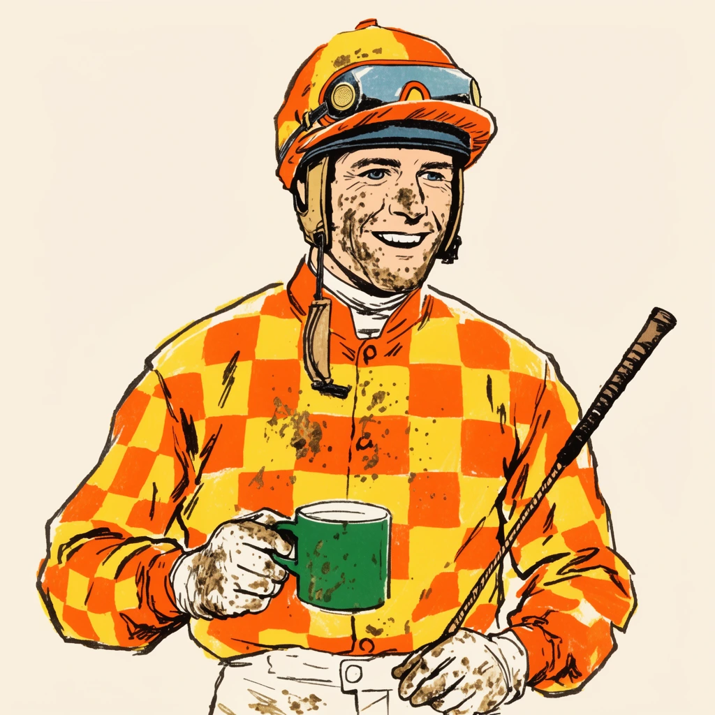 A vintage screen-printed illustration of a smiling, mud-splattered jockey holding a green mug and a riding crop. He wears an orange and yellow checkered racing shirt and a goggled helmet against a solid pale cream background. The retro artwork features rough sketch lines and flat, limited-palette color fills.