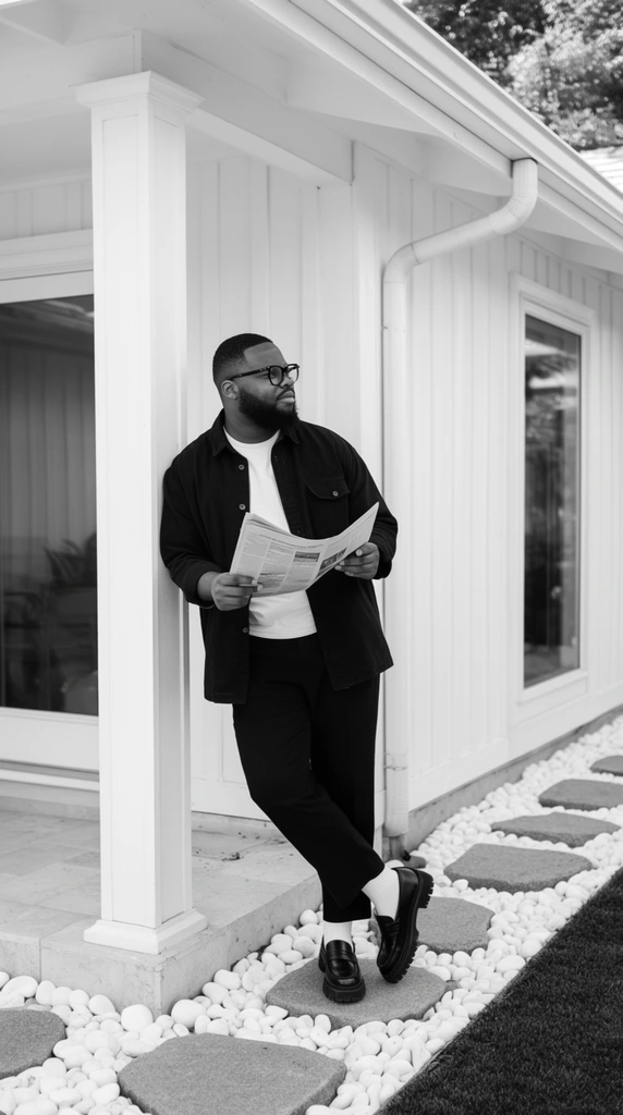 A bearded Black man in dark-rimmed glasses leans casually against a white architectural column in this candid black and white photograph. Wearing an unbuttoned dark overshirt, white t-shirt, dark trousers, bright white socks, and chunky black loafers, he crosses his right ankle over his left while holding an open newspaper at his waist and looking off to the right. The setting features a single-story house with white vertical siding, a downspout, and a large glass window. At his feet, a pathway of large grey stepping stones set in smooth white river rocks borders a dark lawn. Natural daylight emphasizes the sharp geometric contrast between the bright white exterior surroundings and the subject's dark attire.
