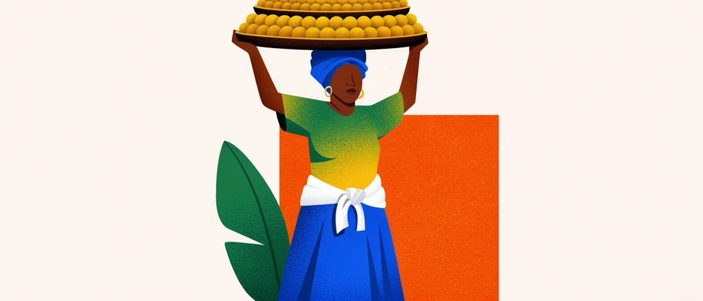 vector illustration of a woman balancing two tiered dark trays of round yellow fruit on her head, both arms raised, wearing a blue headwrap, green-to-yellow gradient shirt, long blue skirt, white cloth tied at the waist, abstract minimalist off-white background with a textured orange block and a single green leaf, heavy stipple grain shading, vibrant flat colors, editorial art style