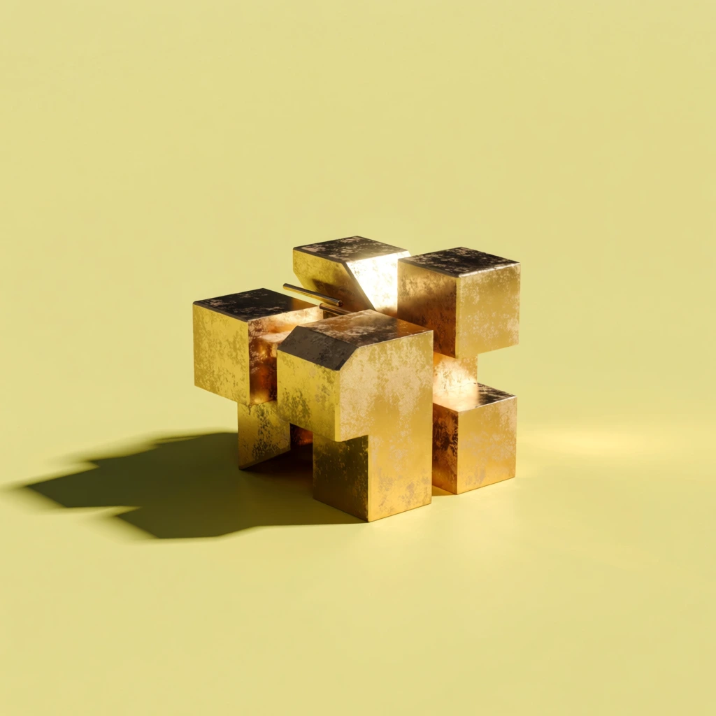Abstract, blocky geometric sculptures crafted from distressed gold rest centrally within a seamless pastel yellow environment. The metallic forms feature bright polished highlights and deeply textured, tarnished surfaces. Strong, direct illumination from the right casts sharp, elongated dark shadows to the left across the flat plane. The minimalist 3D rendering isolates the heavy golden shapes against a vast, empty, solid-color studio backdrop.