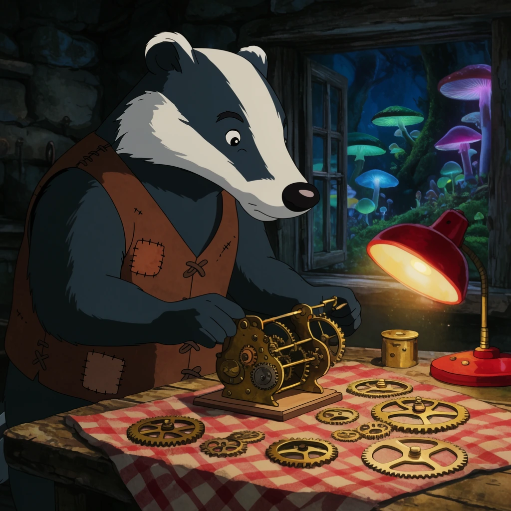 Traditional 2D animation of an elderly badger in a... | Krea