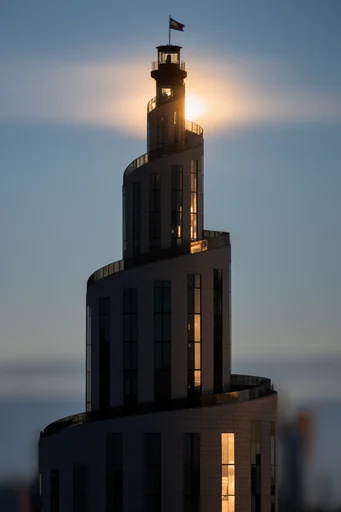 Luminous Geometric Brutalism style reference image — monumental skyscraper