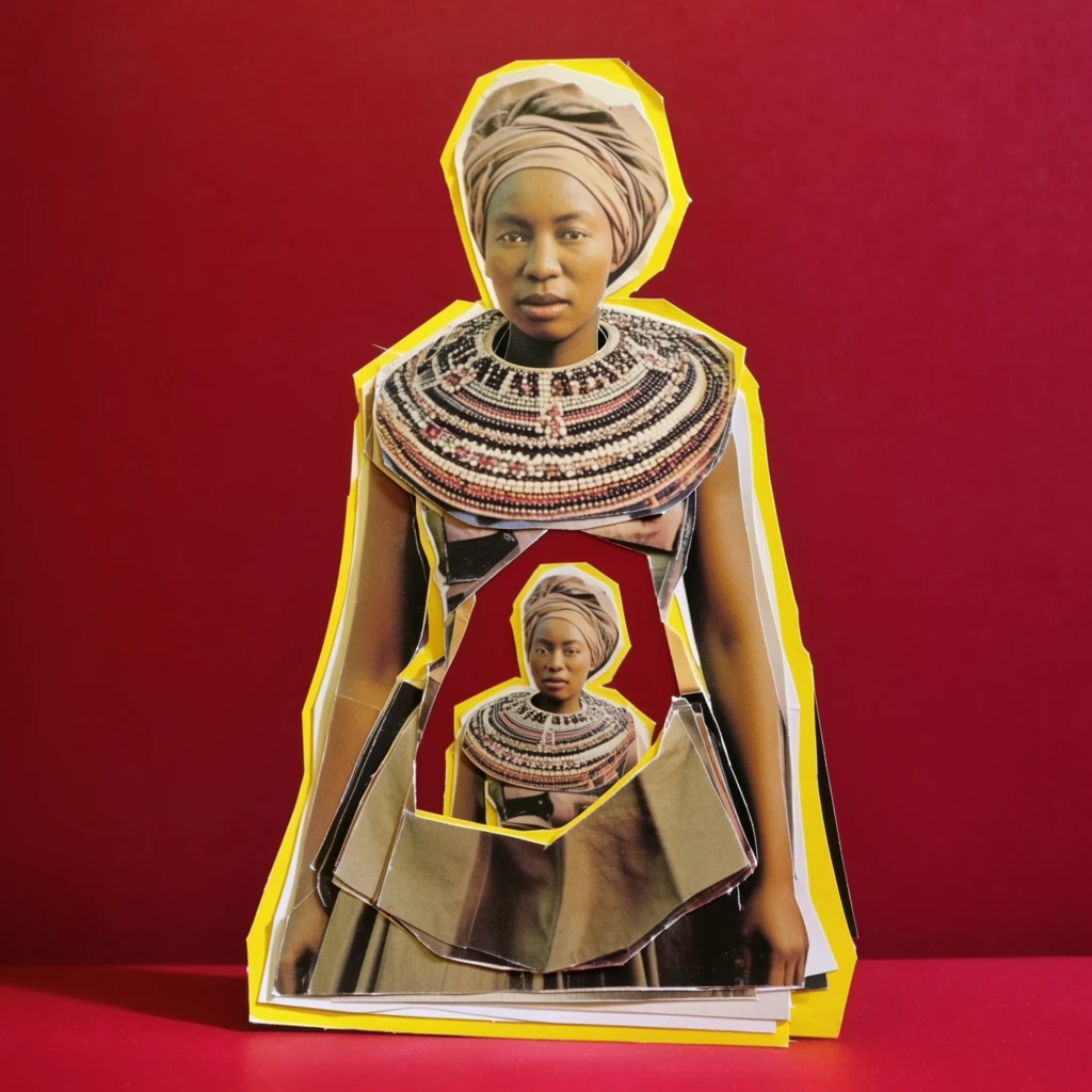 A surreal, mixed-media photographic collage portrait of a woman wearing a head wrap, a large beaded collar piece, and a skirt, composed entirely of fragmented, two-dimensional paper cut-outs. The central figure of the woman is constructed from distinct, layered photographic fragments bordered by stark, bright yellow and white outlines that emphasize their scissor-cut edges. A jagged, angular cut-out section removed from the center of her torso reveals a smaller, identically framed nested portrait of the woman set deeper within the composition. Her tightly wrapped headpiece, expansive and intricately detailed beaded collar, and structured skirt appear as separate, overlapping flat pieces of glossy print material. The fragmented figure is positioned frontally against a seamless, highly saturated deep crimson red background and rests upon a matching flat red foreground surface. Soft, direct studio lighting casts subtle, sharp drop shadows directly behind the overlapping paper layers, emphasizing the physical depth and textured edges of the raw materials. The overall aesthetic utilizes crisp, high-contrast photography to create an uncanny, flat perspective characteristic of analog surrealist cut-and-paste collage art.