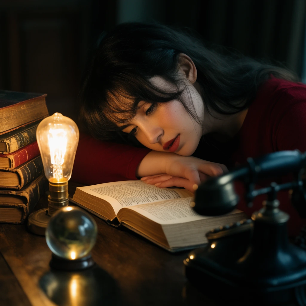 young woman resting her head on her arms reading an open book on a dark wooden desk, warm glowing vintage lightbulb illuminating the pages and her face, wearing a dark red top, dark hair with loose bangs, stack of antique books to the left, small glass globe, blurred vintage black telephone on the right, moody cinematic lighting, chiaroscuro, shallow depth of field, rich dark shadows, intimate atmosphere