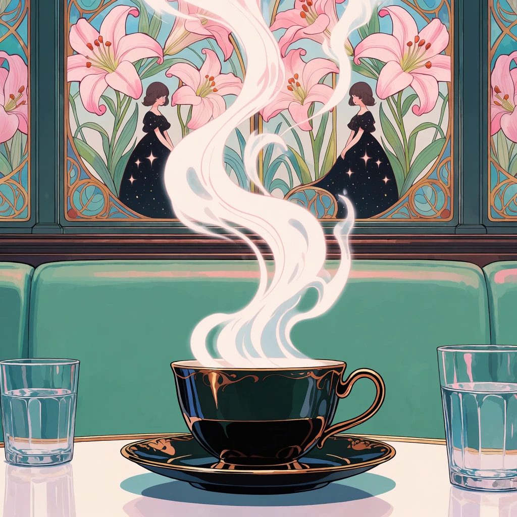 A glossy dark teacup with gold trim rests on a white tabletop, releasing a towering, stylized plume of white steam in fluid, flame-like tendrils. Clear water glasses flank the saucer. A smooth seafoam green booth backrest grounds the mid-ground. The background reveals an intricate Art Nouveau window panel featuring pale pink lilies, green foliage, and two small stylized women in dark starry dresses. The 2D illustration features precise anime-style linework, blending cool teals and warm pinks under soft ambient lighting.