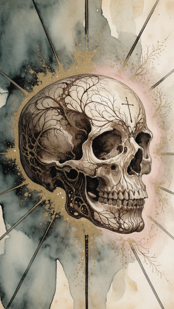 a single human skull in profile facing right, intricate deep-espresso wiry ink contours with dendritic filigree, a delicate cross etched onto its forehead, centered against a muted desaturated teal-grey and parchment-cream wash background, multiple sharp straight lines radiating outward in all directions, surrounded by a sparkling gold dust halo and ethereal pale-pink glow, fine organic stippling, mixed media aesthetic on aged paper, symbolist and art nouveau influence.