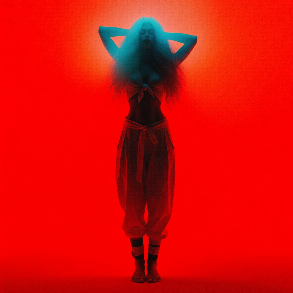 silhouette of a woman standing centered against a saturated grainy red background, long voluminous hair, hands held behind her head, wearing a short top tied at the front, loose baggy pants with a tied waist belt, bands wrapped around her ankles, bare feet, high contrast lighting with a soft ethereal cyan glow emanating from her head and shoulders, deep shadows on her lower body, heavy film grain, painterly texture, minimalist composition, dramatic surrealist aesthetic.