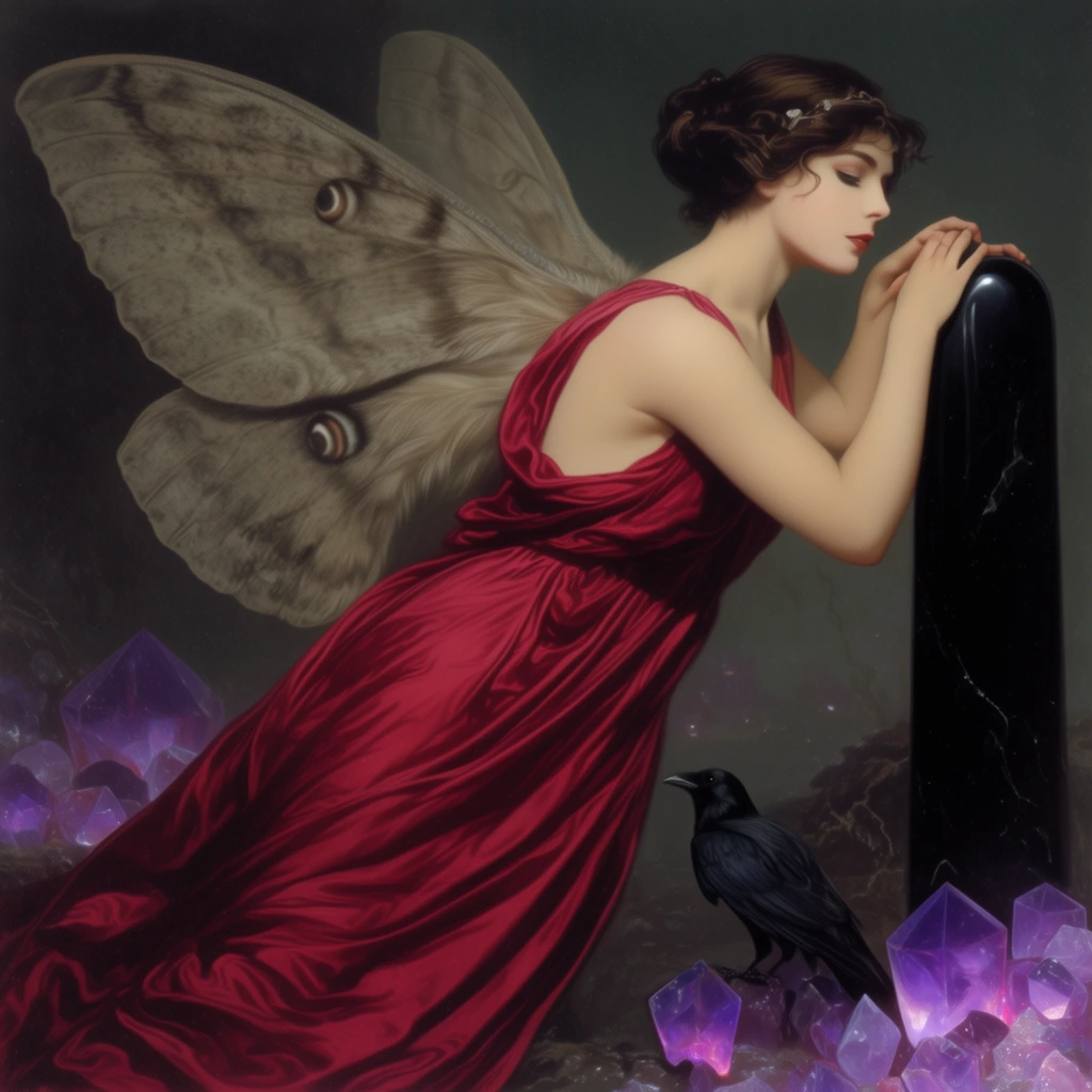 female winged figure leaning forward, flowing crimson silk gown, large dusty moth wings, hands resting on a smooth obsidian pillar, scattered glowing amethyst crystals, small black raven perched nearby, airbrush illustration, vintage fantasy art style, dark moody atmosphere, smooth skin rendering, ethereal lighting, dynamic angles