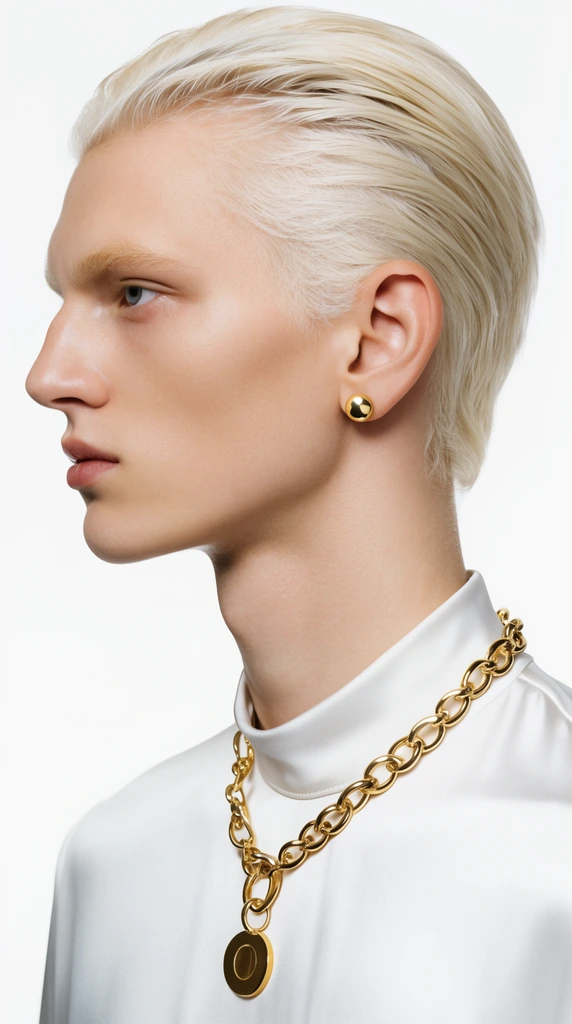 Close-up profile portrait of an androgynous model with slicked-back platinum blonde hair against a solid white background. The subject wears a chunky gold chain necklace with a circular pendant, a gold stud earring, and a smooth white silk high-neck shirt. High-key studio lighting highlights the sharp jawline and smooth skin. Captured in a minimalist fashion editorial style with sharp focus and clean composition.