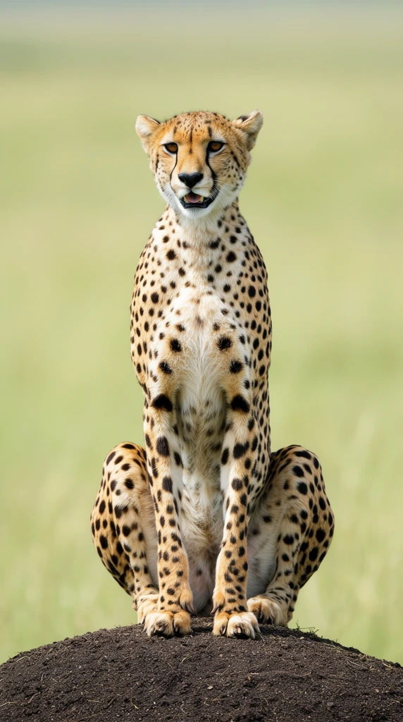 A cheetah sits upright on a dark earthen mound against a softly blurred pale green savanna. Facing forward with a slightly open mouth, the feline features a golden coat, sharp black spots, and dark tear marks. Its front legs rest straight down between high, tucked hind knees. Shot in bright natural light, this telephoto wildlife portrait uses a shallow depth of field to perfectly isolate the sharply focused subject from the smooth, out-of-focus background.