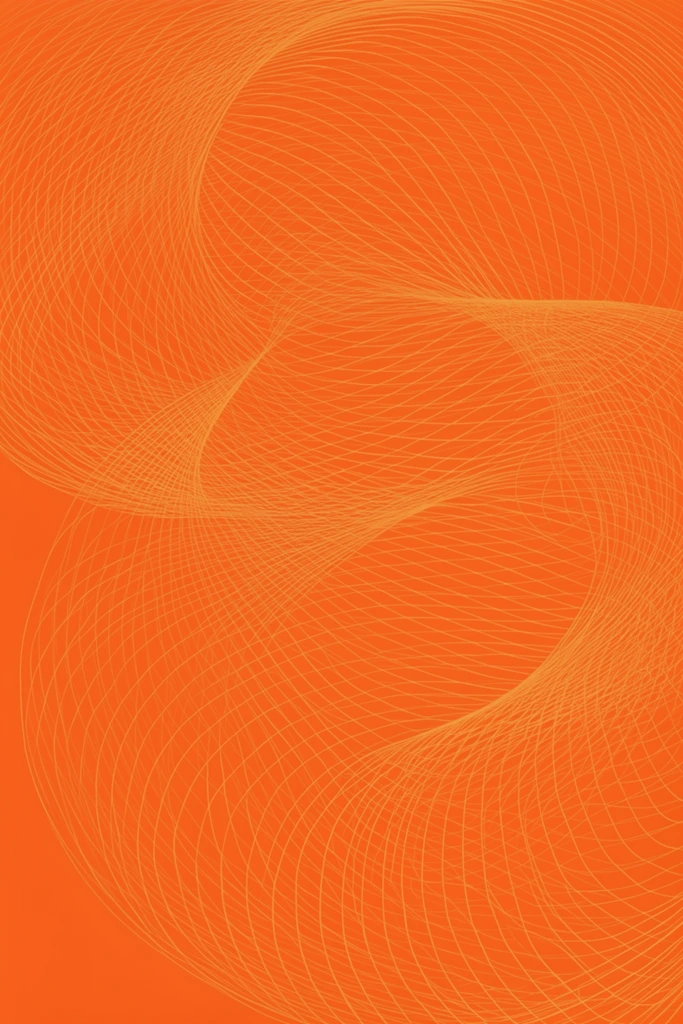A vibrant orange background featuring a complex, flowing line art design in a subtle yellow-orange hue. Delicate, intersecting curves form a dynamic, swirling mesh pattern resembling a three-dimensional topographical map, sweeping across the composition to create rhythmic movement and spatial depth.