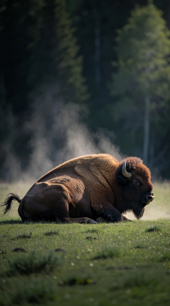 A massive brown bison resting on a lush green meadow, thick textured fur covered in rising dust and steam, dramatic side lighting highlighting the animal's prominent hump and curved horns, tail slightly raised, powerful and heavy muscular build, dark and moody dense forest background with shallow depth of field, cinematic wildlife photography, telephoto lens compression, rich earthy tones, deep shadows, ethereal and rugged atmosphere, highly detailed, sharp focus on the animal's face and heavy coat