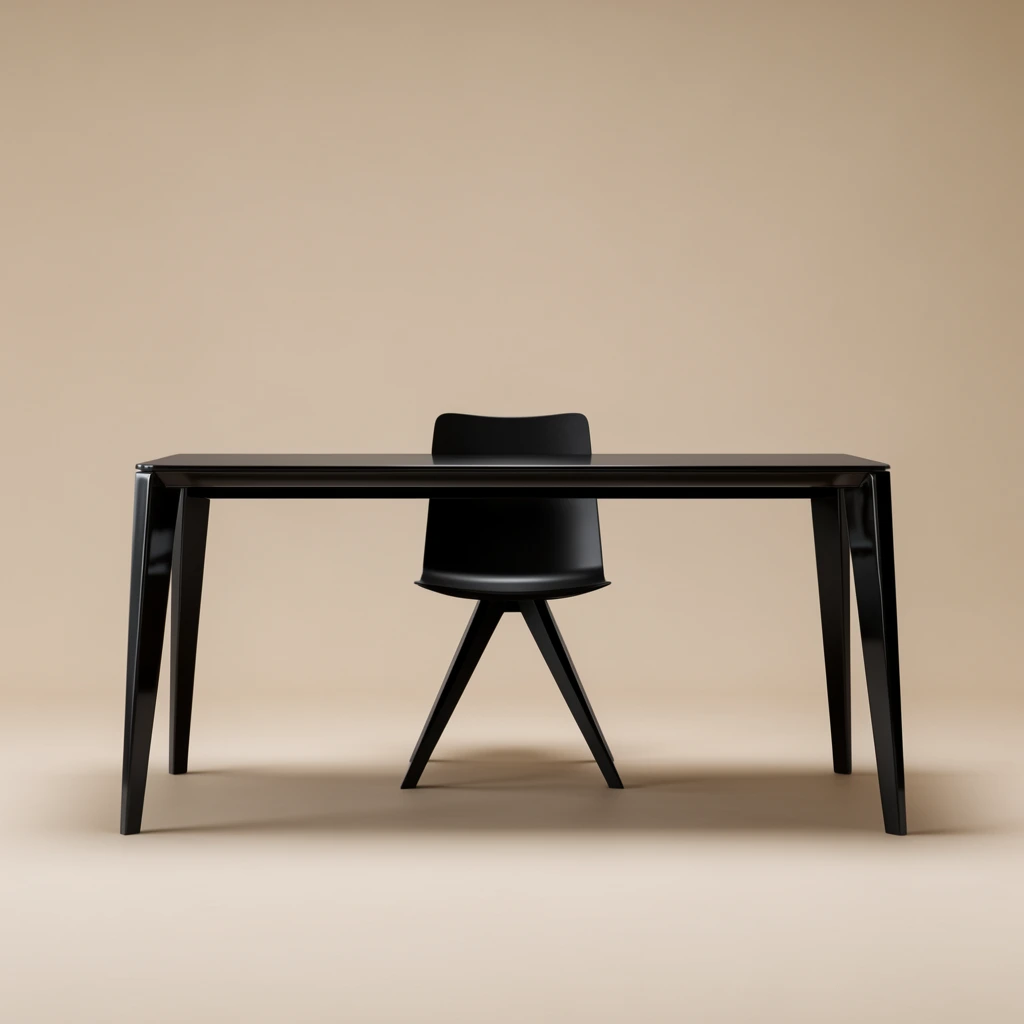 A sleek, minimalist black table and matching chair are positioned centrally against a seamless warm beige studio backdrop. The rectangular table features a slender flat top and four tapered, angular legs with a subtle glossy finish. Tucked symmetrically underneath is a single chair with a solid, gently curved backrest and splayed geometric legs. Soft, diffused lighting casts grounded shadows beneath the furniture, highlighting their crisp silhouettes. The straight-on, eye-level composition incorporates expansive surrounding space above and around the stark modern pieces, reflecting high-end product photography.