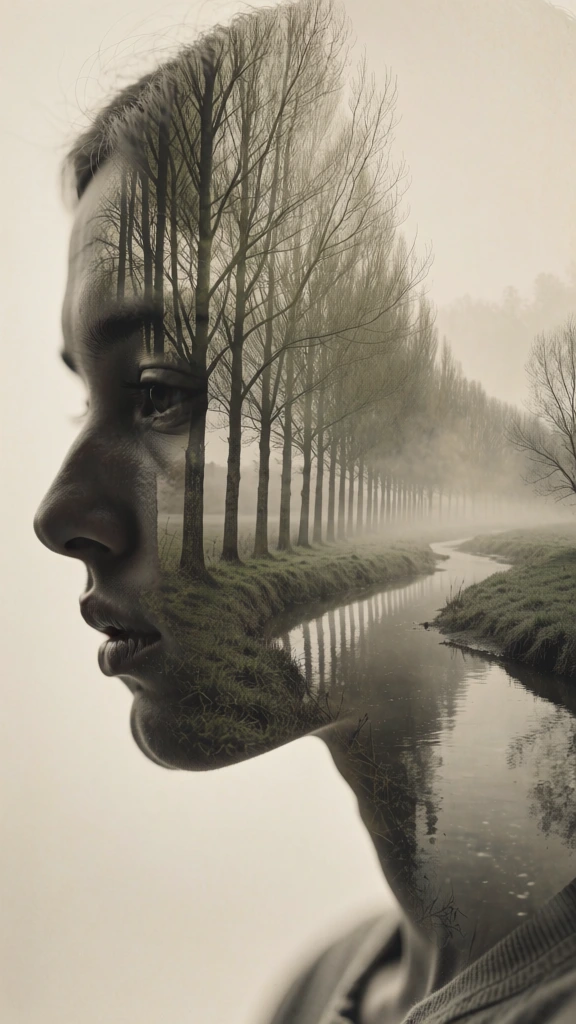 A sepia-toned double exposure portrait merges the left profile of a person with a misty landscape featuring a long row of leafless trees lining a winding river. The person's facial features, including a soft forehead, a prominent nose, full lips, and a slender neck, are rendered in deep, dark tones that act as a canvas for the landscape. Inside the upper portion of the head and forehead, the intricate, fine branches of numerous bare trees reach upward, while their straight trunks form a rhythmic vertical pattern across the mid-face. A grassy riverbank follows the contour of the jawline, and a narrow river snakes away from the center toward the right horizon, reflecting the silhouettes of the trees in its still water. The landscape within the silhouette is shrouded in a soft, ethereal mist that fades into the pale, cream-colored background surrounding the profile. The color palette is restricted to desaturated shades of charcoal, earthy brown, and ivory, contributing to a surreal and melancholic mood. The lighting is diffused and even, with no harsh shadows, emphasizing the seamless integration of the human form with the natural environment through a creative double-exposure technique.