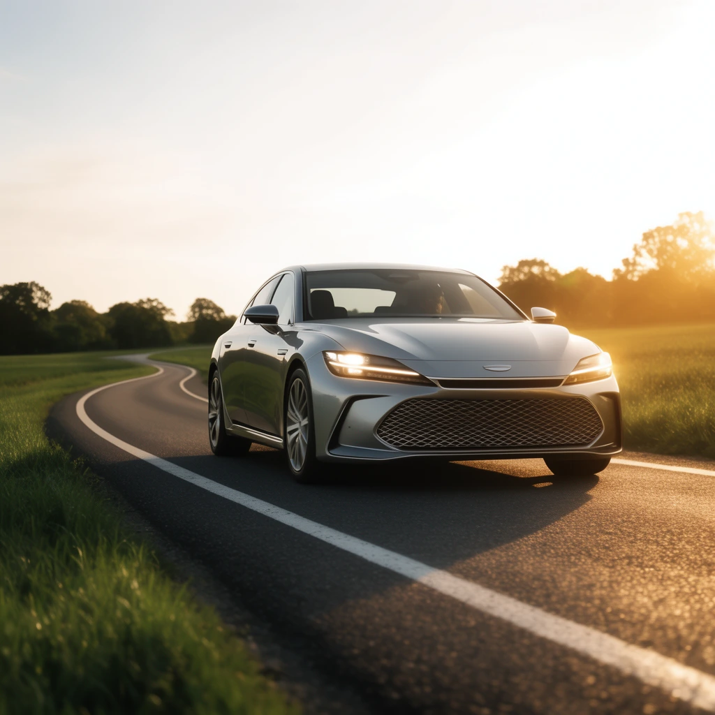 A sleek silver sedan drives toward the viewer on a winding asphalt road cutting through lush green fields. Warm golden-hour sunlight flares from the right, illuminating the car's aerodynamic lines, glowing headlights, and wide textured grille. The low, wide-angle perspective captures the sweeping curve of the white-lined lane fading into distant silhouetted trees under a bright, pale sky.
