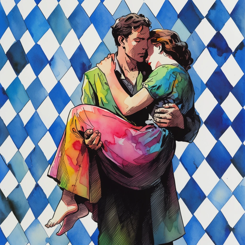 A man cradling a woman in his arms, rendered in a bold ink and watercolor graphic novel illustration style. Crisp, precise black outlines define the organic forms of the figures, complemented by intricate, dense parallel ink crosshatching that builds stark, dramatic shadows across their skin and flowing garments. The subjects' clothing features highly saturated, vibrant watercolor washes with visible pigment pooling and organic color blooms. The figures stand out starkly against a flat, rigidly geometric background entirely covered in a tessellated harlequin pattern of alternating blue and white diamonds. Razor-sharp black ink lines separate each diamond cell, while the blue geometric shapes display varied, uneven tonal washes characteristic of hand-painted watercolor, with darker pigment settling along the crisp edges. The composition balances the fluid, dynamic posing of the embrace with a surreal, flattened perspective, evoking classic European comic art with its high-contrast pairing of deeply shaded, vibrantly colored central figures against a cool-toned, mathematically precise abstract backdrop.