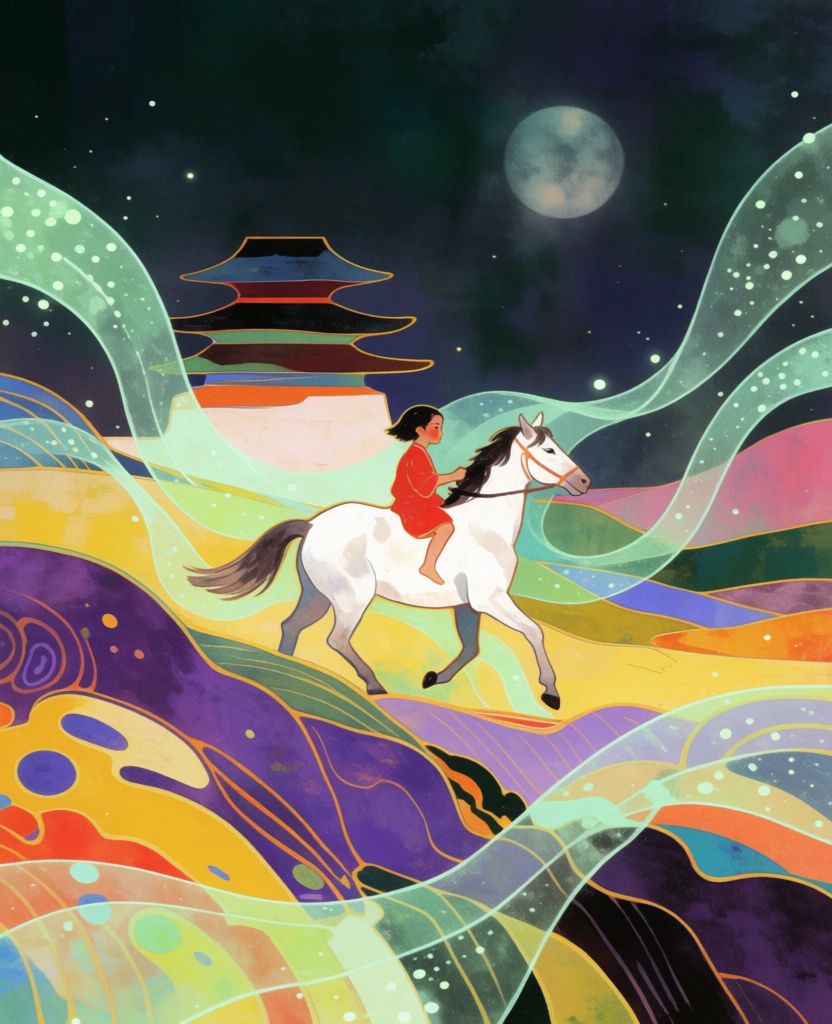 rider on white horse in swirling hills, stylized illustration, dreamy surreal Eastern vibe