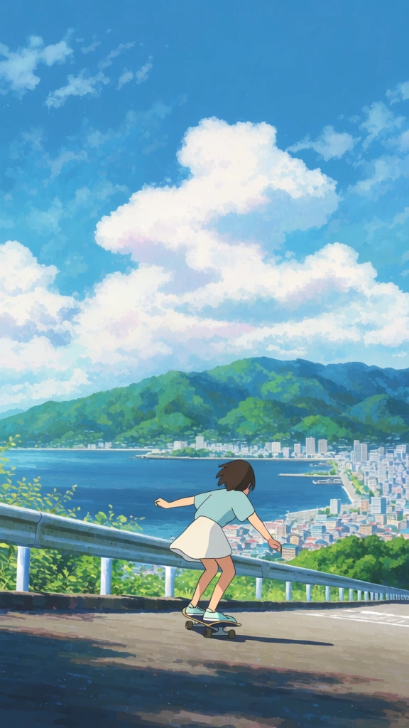 girl skateboarding downhill above coastal city, anime illustration, bright summer, dreamy cinematic vibe