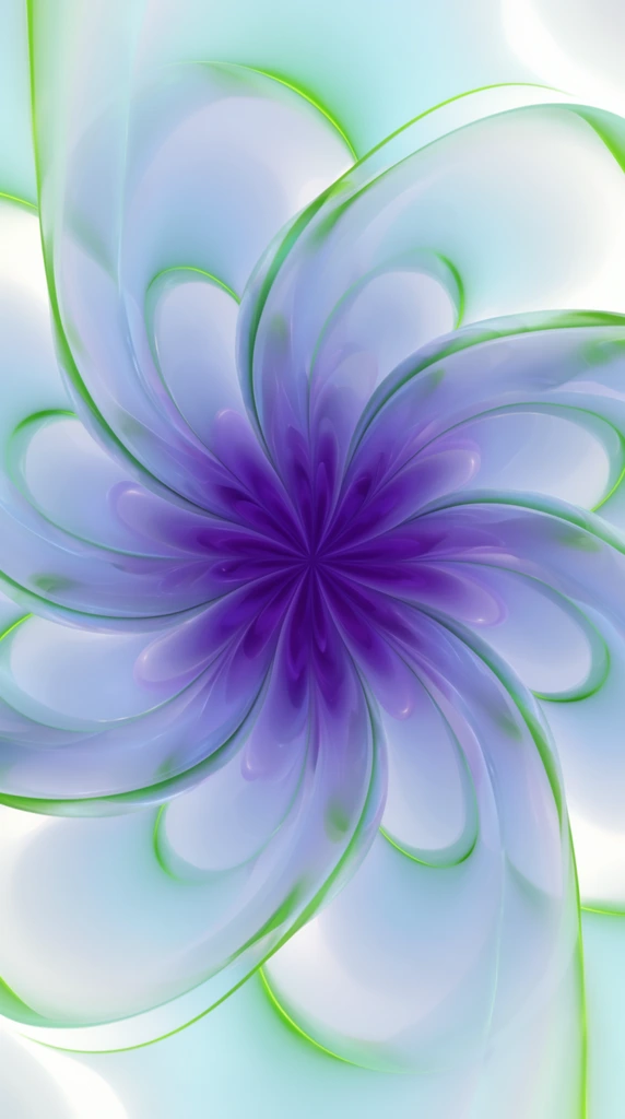 abstract fractal flower, central radiating core of intense deep violet, fluid overlapping petals in pale translucent blue and lavender, smooth silky texture resembling liquid glass, sharp neon green edge highlights outlining the curves, soft luminous white and pale cyan background seamlessly blending outward, swirling symmetrical pinwheel composition, ethereal diffused lighting, high-gloss surface, precise digital 3D rendering, elegant spiraling geometry