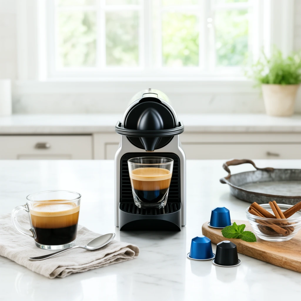 glass mug of layered espresso and crema with silver spoon on linen napkin, sleek black and silver capsule coffee machine, white marble kitchen counter, blue and black coffee capsules, glass bowl of cinnamon sticks, fresh mint leaves, wooden board, rustic metal tray, bright modern kitchen, large window background, high key natural lighting, shallow depth of field