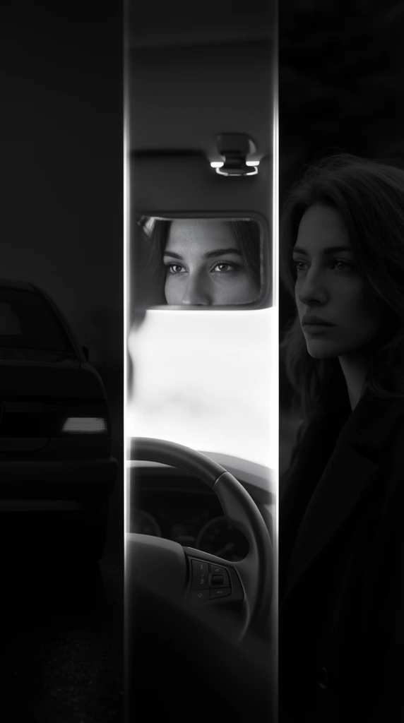 A dark cinematic composite layout centering on a bright vertical frame that reveals a woman's eyes reflected in a car visor mirror above a steering wheel. Flanking this illuminated center are deeply shadowed monochrome scenes. The left shows the rear silhouette of a car with a faint brake light. The right features a woman in a dark coat looking toward the center. High-contrast grayscale lighting creates a moody, mysterious aesthetic.