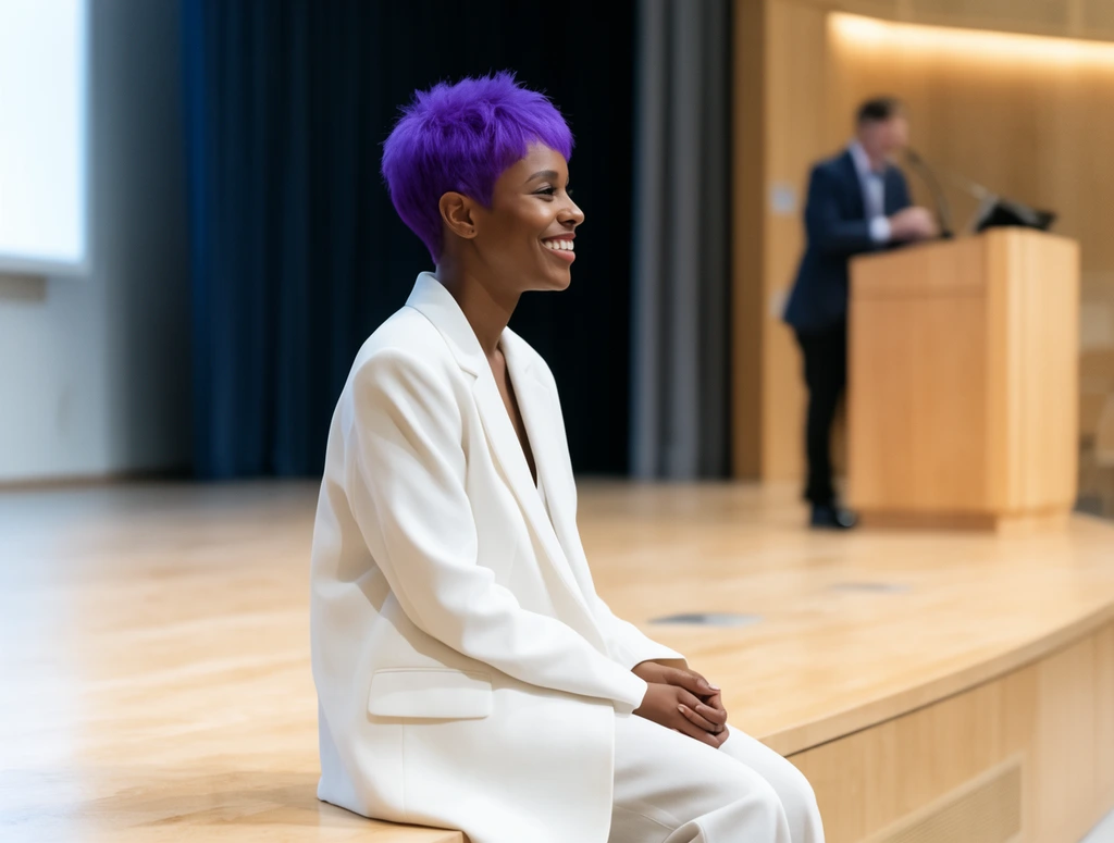 smiling woman with short vibrant purple hair wearing an oversized white blazer, sitting on a light wood stage edge, profile view, shallow depth of field, blurred background of a modern auditorium with an out of focus speaker at a wooden podium, bright interior lighting
