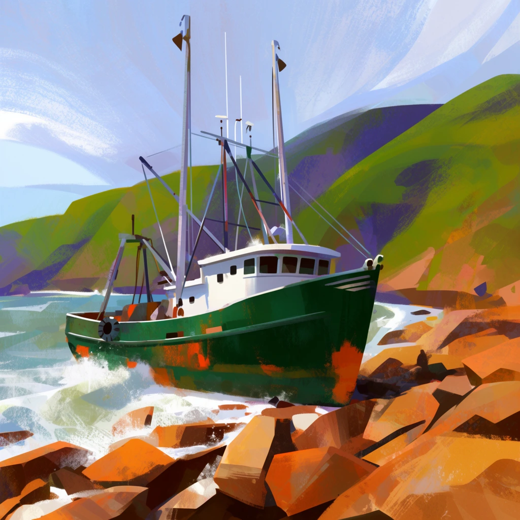 large green fishing vessel run aground on a rocky shoreline, white cabin with tall slender masts, dark green hull with distressed orange patches, churning white waves crashing against the boat, blocky geometric rocks in warm orange and brown tones, steep background hills featuring vibrant green and shadowed purple, light blue sky with sweeping textured clouds, expressive digital painting, loose visible brushstrokes, rich surface texture, semi-abstract coastal illustration
