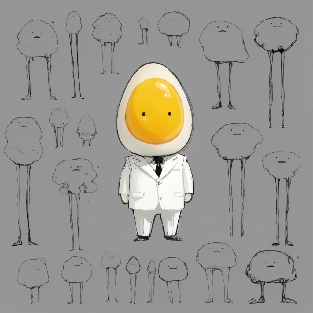 Concept art character sheet, central glossy yellow egg-yolk humanoid wearing a white suit, surrounded by diverse rough line-art sketches of surreal blob-like figures with long legs and minimal faces, solid grey background