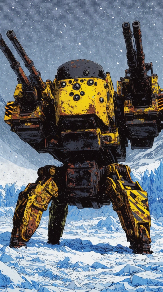 A massive, heavily armored industrial mech featuring a bulky, blocky chassis painted in distressed hazard yellow and rusted carbon-black. The machine has a flat, sensor-studded visor dome flanked by wide shoulders mounted with heavy dual artillery cannons, supported by sturdy hydraulic quad-legs. The background is a freezing, blizzard-swept glacial tundra with jagged blue ice. The artwork is rendered in a retro manga illustration style with visible halftone dot textures, high-contrast inking, and a dramatic low-angle perspective emphasizing the brutalist scale of the towering juggernaut.