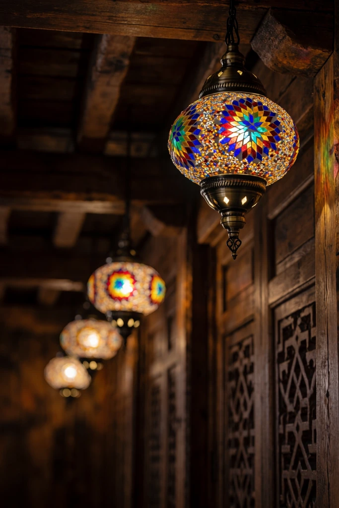 A glowing, spherical mosaic glass lantern hangs prominently within a dark, rustic wooden interior. The intricate glasswork forms geometric star patterns in vibrant shades of emerald, ruby, sapphire, and gold, framed by ornate brass finials. It suspends from heavy timber ceiling beams. In the softly blurred background, a receding line of three similar illuminated lanterns creates deep perspective alongside dark wooden partitions featuring carved geometric fretwork. Captured with a shallow depth of field, the cinematic photography contrasts the warm, moody amber shadows of the architectural environment with the vivid jewel tones radiating from the intricately pieced glass.