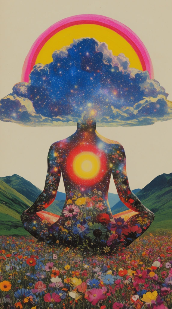 surreal mixed media collage, meditative figure in lotus pose, body entirely filled with cosmic starlight and floral textures, glowing concentric yellow and red sun on the back, head replaced by a massive cloud form containing a starry blue cosmos beneath a vibrant yellow and pink semi-circular rainbow, foreground field of dense colorful wildflowers, rolling green mountains, plain cream sky, vintage psychedelic aesthetic, symmetrical composition, highly textured