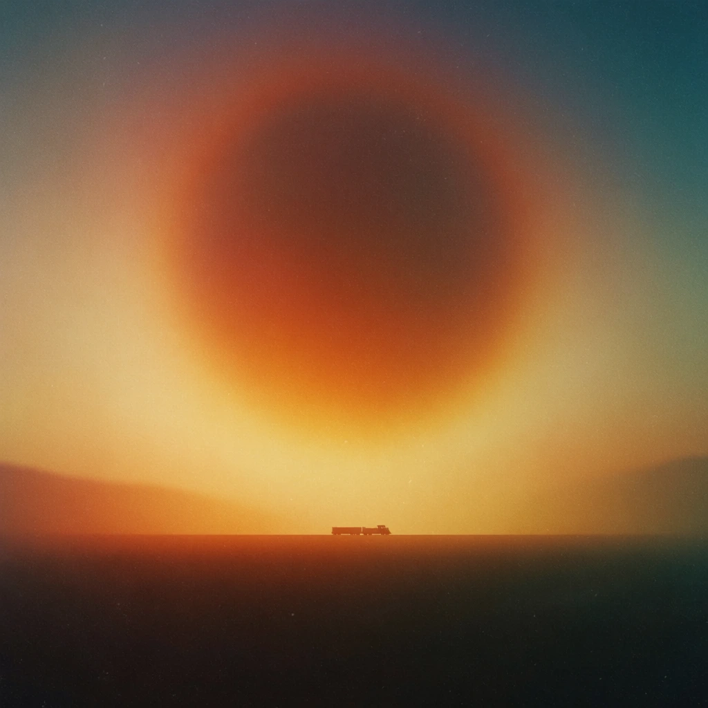a silhouette of a train traversing a minimalist horizon line, set against a colossal glowing atmospheric anomaly in vibrant burnt orange and saffron, heavy analog film grain with 35mm vintage texture, ethereal soft-focus haze, high-contrast backlighting, a dual-tone palette of incandescent ochre against deep teal and indigo skies, surrealist dreamlike mood, painterly gaussian blur on cloud edges, lo-fi cinematic aesthetic, nostalgic 70s sci-fi photography style.