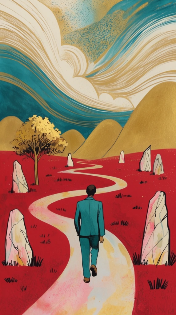 A lone figure walks down a winding path through a surreal landscape of red ground and golden hills under a stylized, swirling sky. The person, seen from behind, wears a teal suit and brown shoes, walking away from the viewer along a pale, curving path that snakes into the distance. The ground is a vibrant, textured red, dotted with sparse, stylized tufts of black grass. Scattered across the red plain are pale, jagged standing stones, their surfaces marked with black lines and subtle washes of pink and yellow. To the left, a solitary tree with golden foliage stands against the red ground. In the background, smooth, rounded golden hills rise against the sky. The sky is dominated by sweeping, fluid lines and curves in shades of cream, teal, and gold, resembling stylized clouds or wind currents, with areas of stippled texture adding depth. The artwork is characterized by bold, flat colors, textured washes, and strong, illustrative linework, creating a dreamlike and evocative atmosphere.