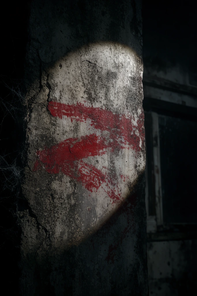rough weathered concrete pillar illuminated by a stark circular spotlight cutting through pitch darkness, deeply distressed surface texture with cracks and thick grime, crimson red paint smeared in jagged horizontal patterns, delicate cobwebs clinging to the far left edge, faintly lit architectural frame barely visible in deep background shadows to the right, dramatic chiaroscuro lighting, dark cinematic horror aesthetic, macro photography