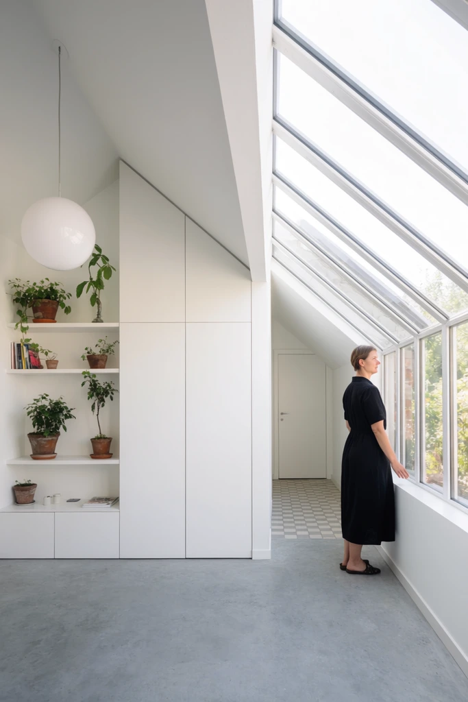 bright minimalist interior, woman in a black dress standing by a sloped greenhouse-style glass wall, abundant natural daylight, white built-in cabinetry with open shelving holding potted plants and books, spherical pendant light, smooth grey concrete floor, background hallway with checkered tiles and closed white door, wide-angle architectural photography, deep depth of field, clean geometric lines, crisp lighting