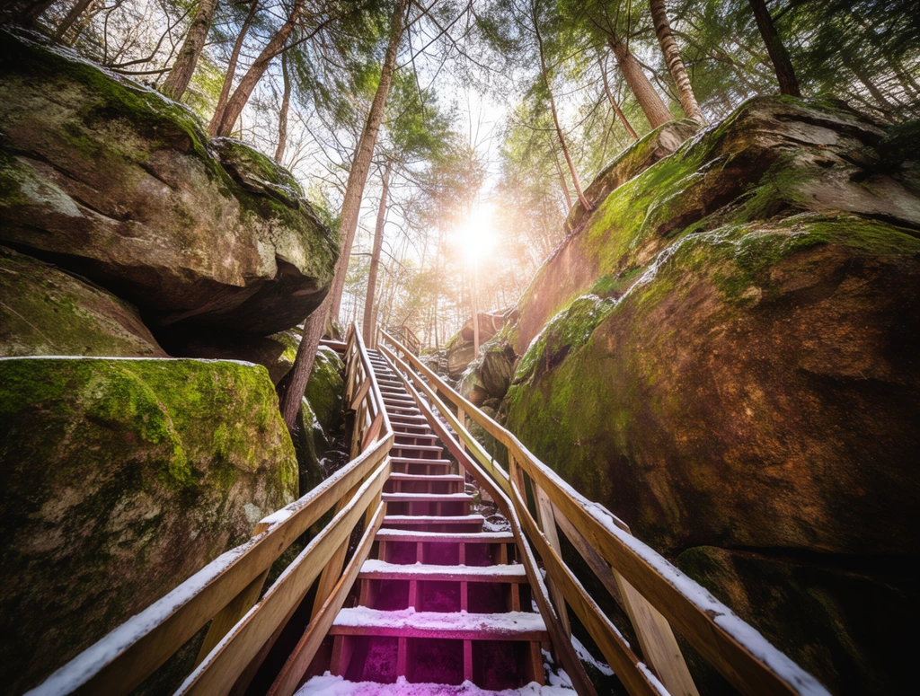 wooden staircase winding through a narrow rocky gorge, light snow dusting the treads and handrails, massive towering boulders covered in vibrant green moss, tall trees stretching toward the sky, bright glowing sunburst piercing the forest canopy, low-angle upward perspective, wide-angle lens, high contrast natural lighting, earthy brown and green palette, subtle magenta tint on the lower steps