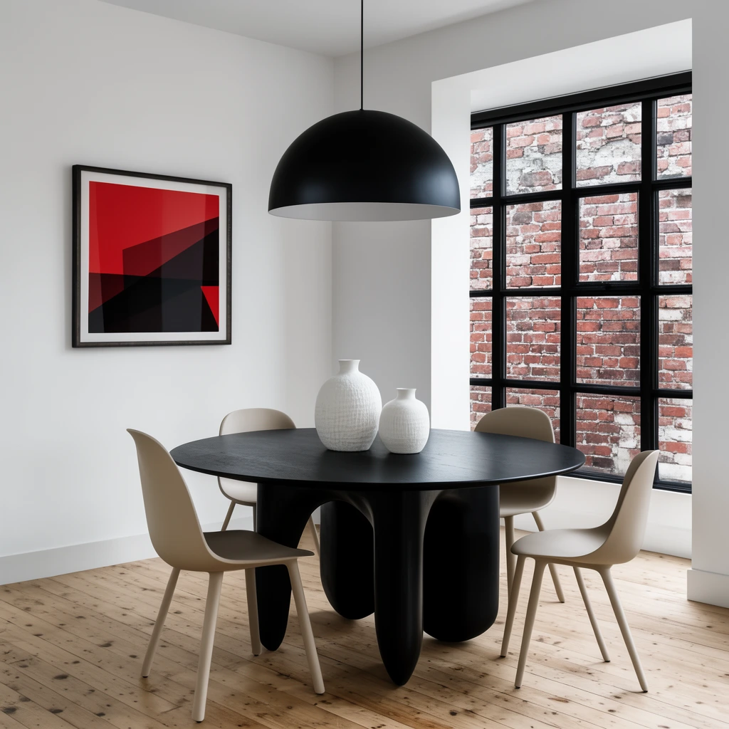 A minimalist dining room featuring a sculptural black circular table and four molded beige chairs beneath a large matte black dome pendant light. Two textured white ceramic vases rest on the table. Crisp white walls display a framed geometric red and black abstract artwork. An architectural opening reveals a multi-paned window with heavy black framing overlooking a weathered red brick exterior wall. Soft natural daylight illuminates the knotty wood plank flooring.