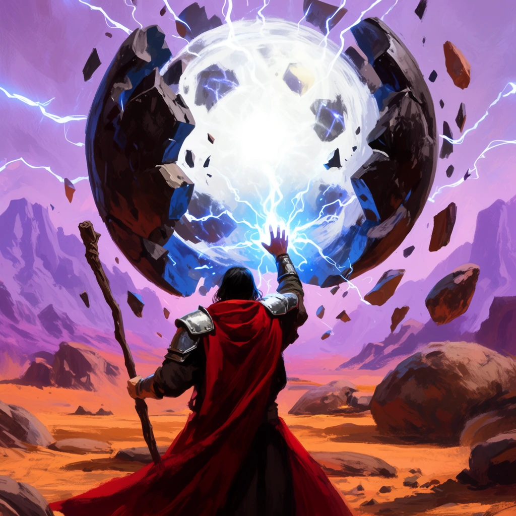 fantasy digital painting of a mage casting magic at a floating shattered orb, figure viewed from behind in red cloak and metal shoulder armor, holding a wooden staff, hand shooting blue lightning at a massive glowing white energy sphere, broken dark stone shell, floating rock shards, arcing electricity, alien desert landscape, purple mountains, dynamic lighting, high contrast, painterly brushstrokes