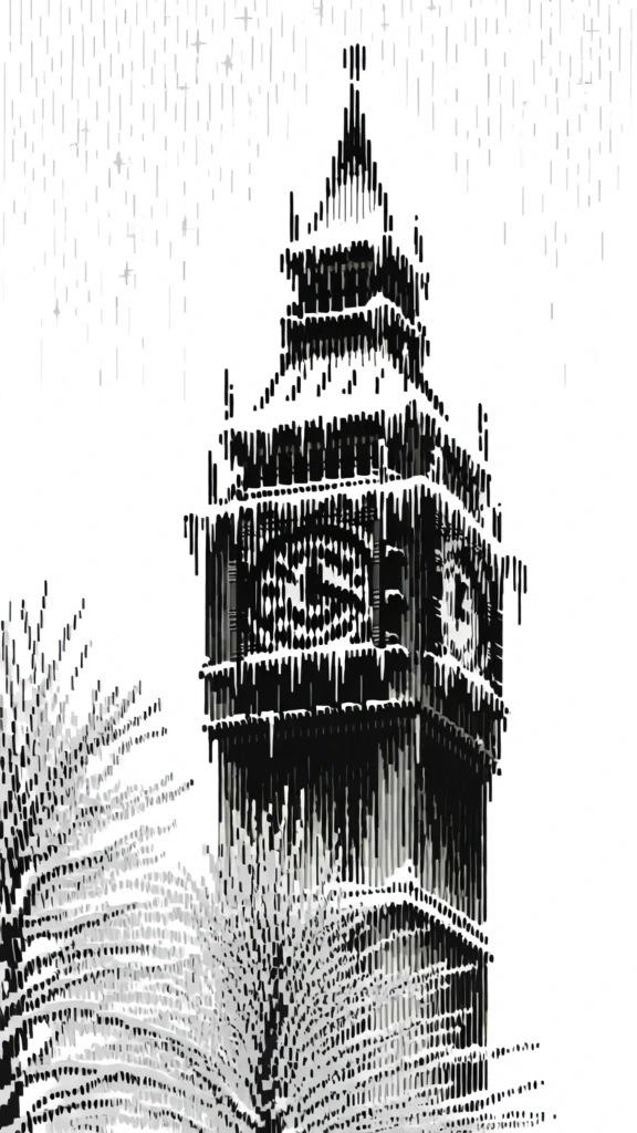 monochromatic high-contrast digital illustration, central clock tower composed of dense vertical staccato black lines on a stark white field, icicles and snow rendered as elongated vertical drips, clock face visible through variation in stroke density, frost-covered foreground trees built from clusters of vertical hatching, bright celestial orb in upper left sky, background filled with a fine vertical particulate dither and star-like dashes, all forms constructed from parallel vertical marks.