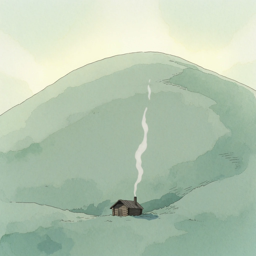 stylized hand-drawn animation style, minimalist composition, a tiny rustic wooden cabin at the base of a massive towering mint green hill, thin white smoke curling from the chimney, soft watercolor textures and painterly washes, ethereal glowing backlight, pale yellow hazy sky, subtle paper grain, minimalist sketchy outlines, extreme contrast in scale, serene contemplative mood, desaturated lime green and cream palette, soft diffused lighting, flat 2d aesthetic.