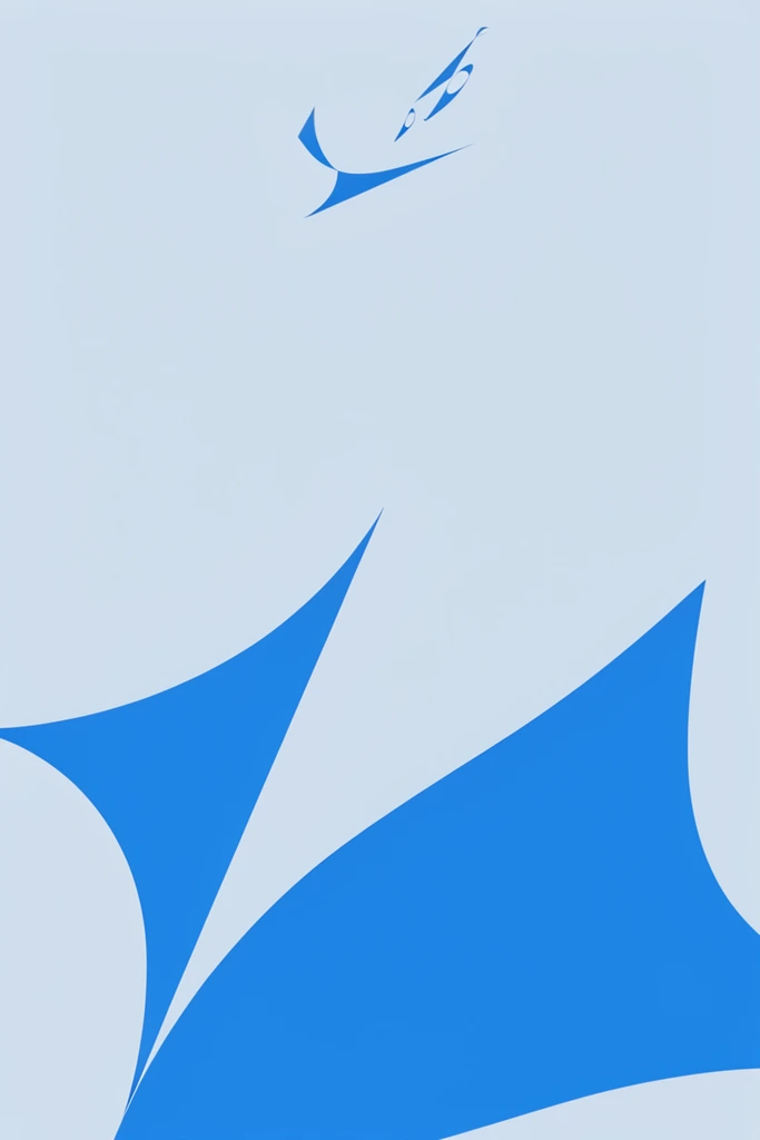 minimalist abstract composition, expansive pale powder blue background, bold azure blue geometric shapes across the lower half, sweeping curves and sharp angular points, smaller delicate blue forms centered near the top, flat vector graphic aesthetic, monochromatic dual-tone palette, vast negative space, clean modern design