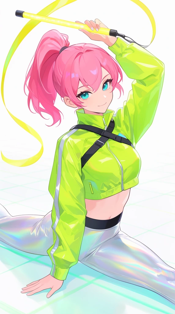 A stylized anime illustration of a futuristic athlete with vibrant pink hair in a high ponytail and striking cyan eyes performing a perfect side split on a minimalist glowing grid floor. She wears a neon green cropped athletic jacket with crossed black chest straps and holographic silver leggings. Her posture is flexible and poised, resting one hand lightly on the ground while twirling a bright yellow luminescent baton with an elegant swirling ribbon. High-key lighting and soft cel-shading emphasize the sleek textures of her athletic wear and her confident, serene expression within the bright, clean composition.