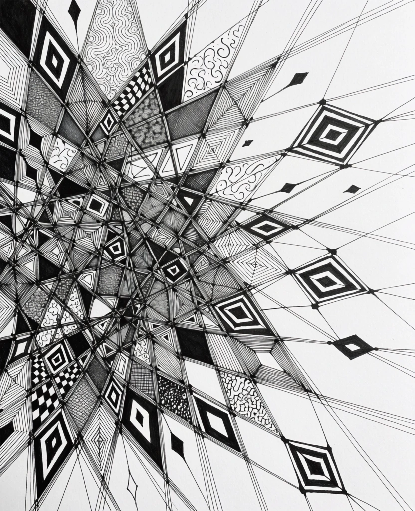 An intricate, high-contrast black-and-white abstract drawing features a dense, concentrated explosion of geometric shapes and fine lines that radiate outward from the left toward the right across a white background. The composition is a complex mosaic of countless small compartments, each filled with distinct patterns such as concentric diamonds, tight cross-hatching, stippled dots, zig-zags, parallel lines, and checkerboard motifs. These compartments are formed by a web of intersecting straight lines that vary in thickness, creating a sense of chaotic structure. Larger, isolated diamond shapes with nested, alternating black-and-white borders float within the more open space on the right side, connected to the central mass by thin, radiating lines that stretch across the frame. Some areas within the dense cluster are filled with solid black, providing deep tonal contrast against the stark white paper, while other sections feature delicate, curvilinear doodles and swirling textures. The perspective is flat yet dynamic, suggesting a sense of movement or fragmentation through the use of sharp angles and directional line-work. The entire piece is rendered with precision using black ink, displaying a hand-drawn quality where some lines appear ruled and others exhibit organic variations in pressure and flow. The lighting is uniform, highlighting the graphic nature of the monochromatic palette and the varying levels of visual texture throughout the work.